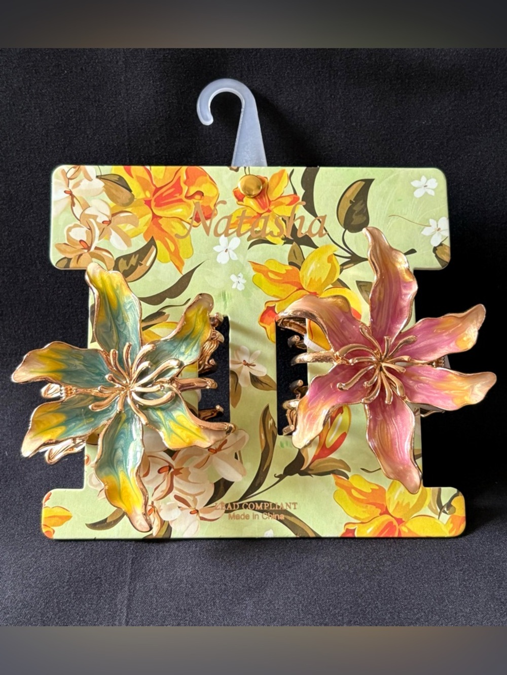 Natasha 3D Lily Flower Teal/Pink Metal Enameled Hair Clip Gold Tone Set of 2 NEW